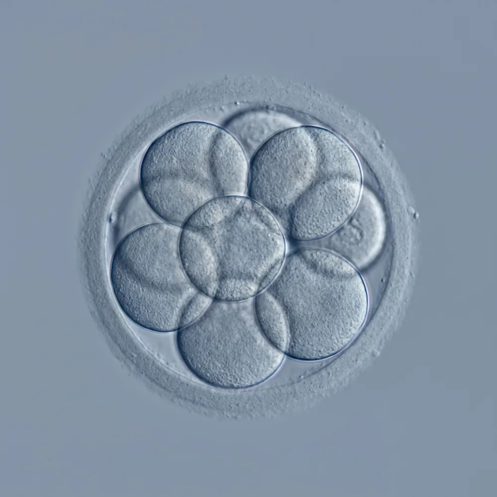 A microscope view of an eight-cell embryo