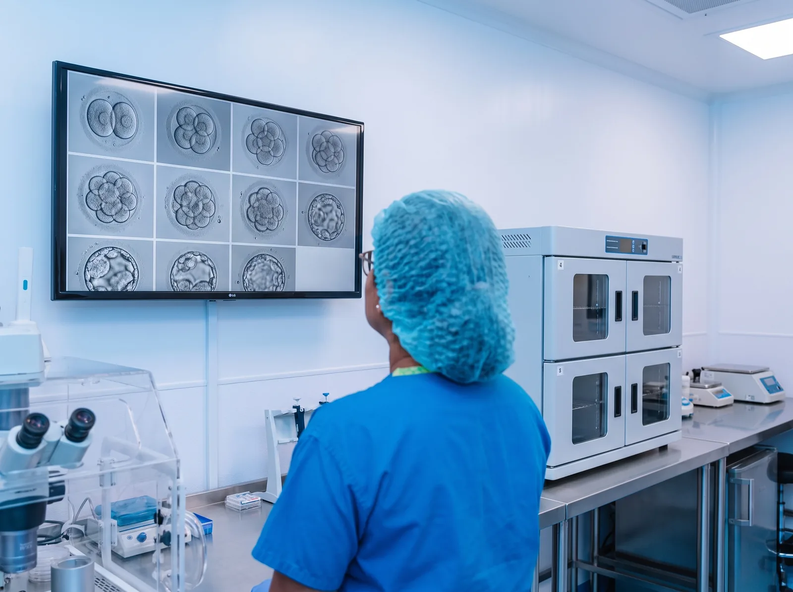 An embryologist looking at a screen with embryos at different stages of development