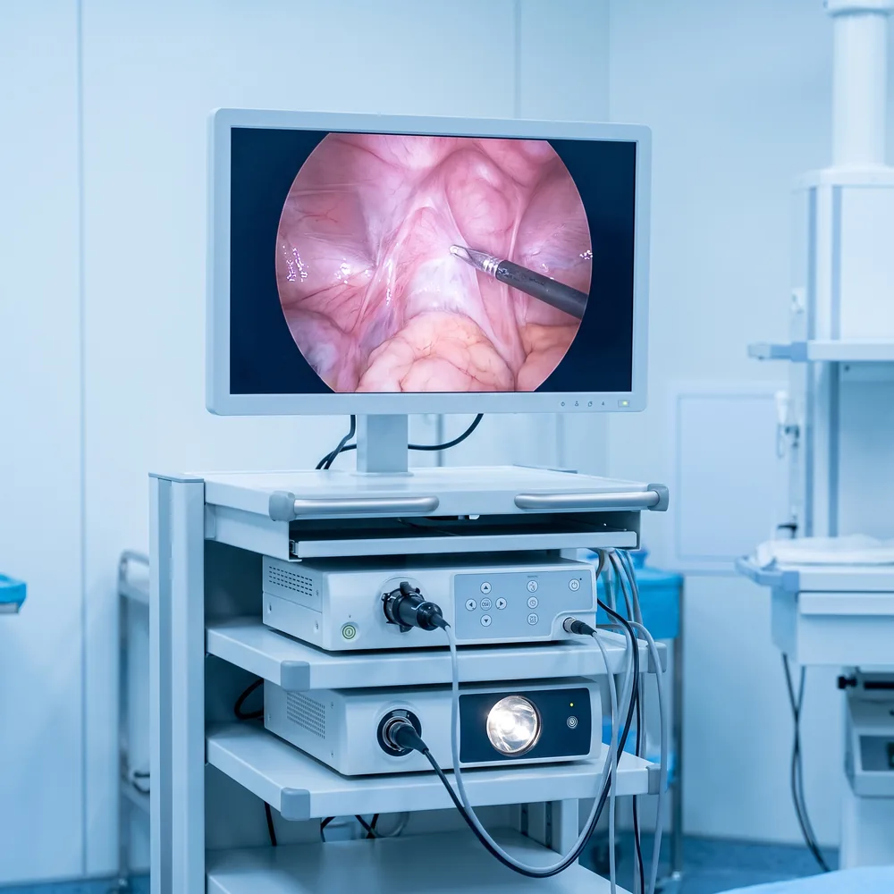 A laparoscopy monitor and camera tower in an operating room