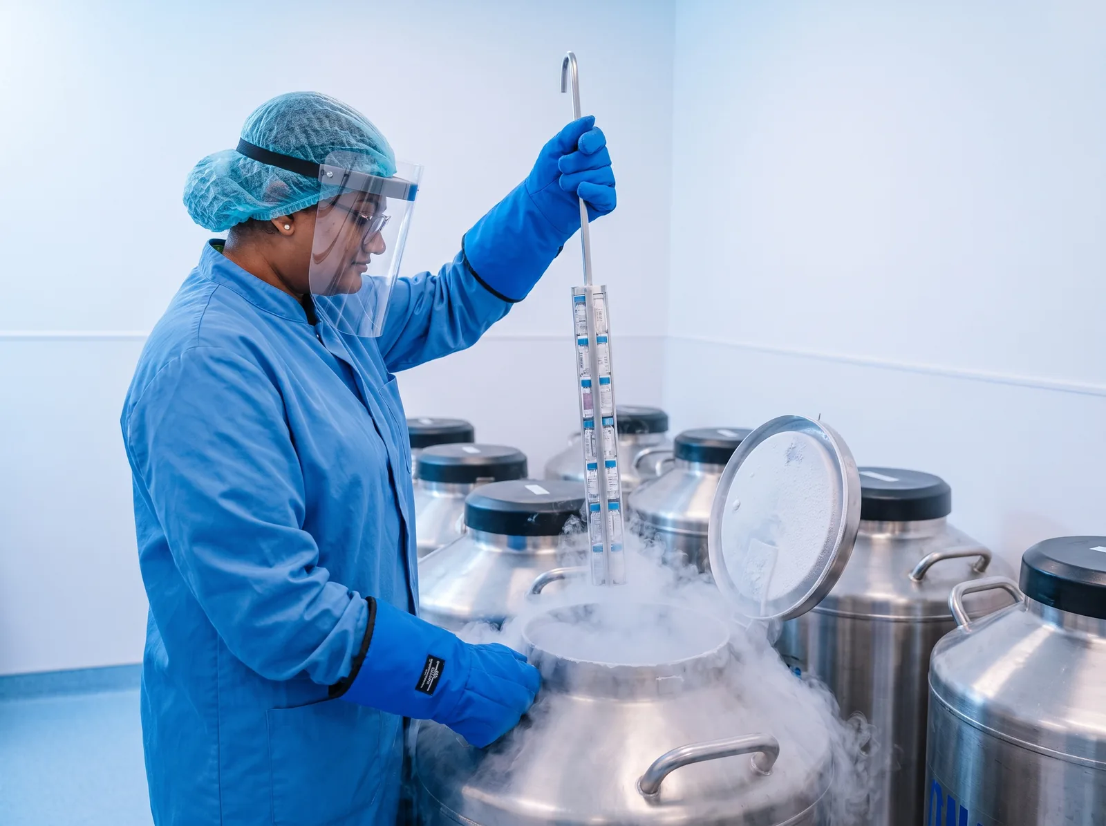 A laboratory worker lifting embryo storage straws from a liquid nitrogen tank