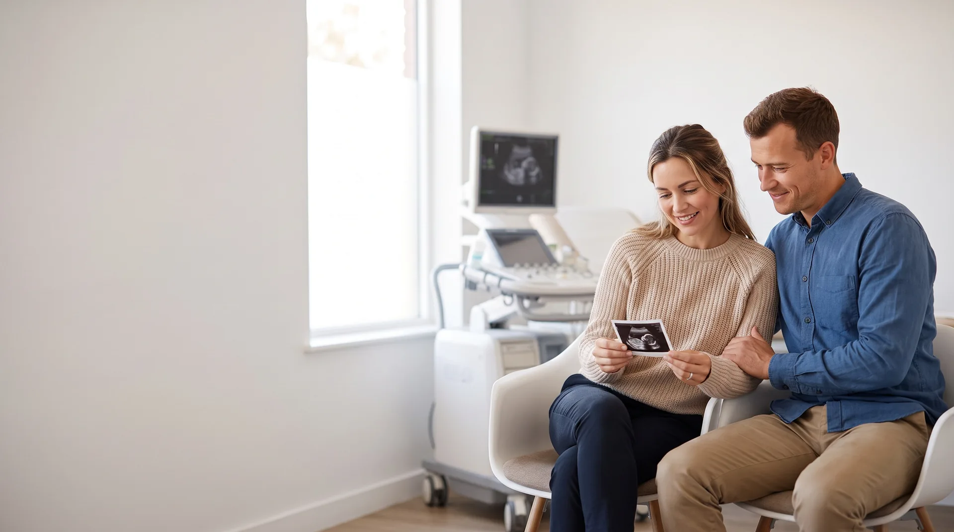A couple looking at an ultrasound scan print in a clinic consultation room