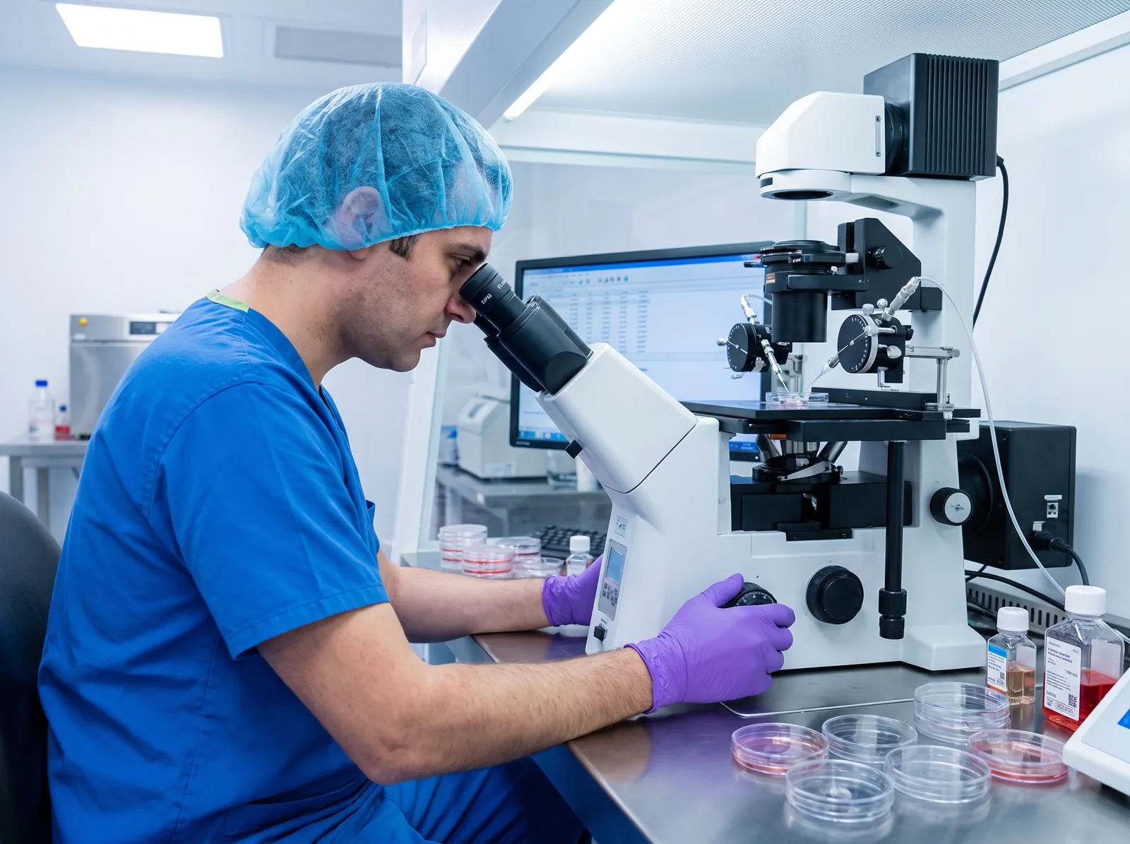 An embryologist working at a microscope in a laboratory