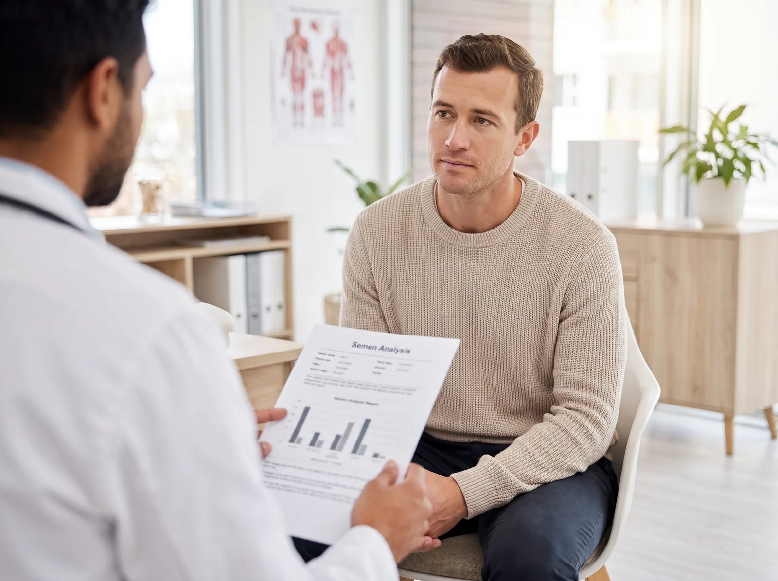 A man discussing his semen analysis report with a physician