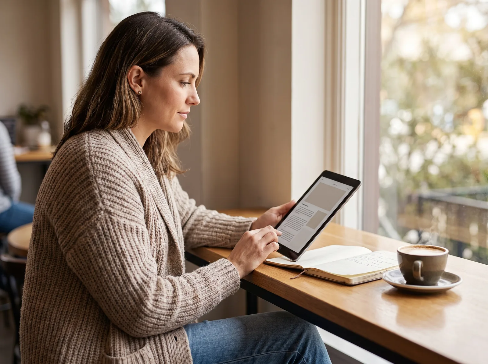 A woman reading information on a tablet in a café