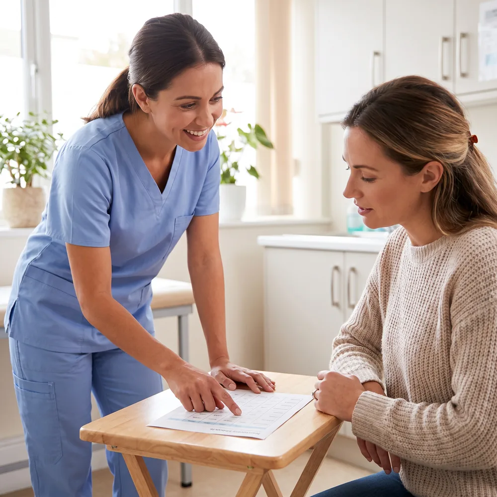 A nurse explaining a form to a woman