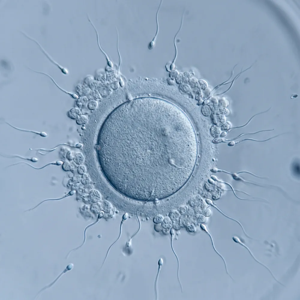 Microscope view of an egg surrounded by sperm cells