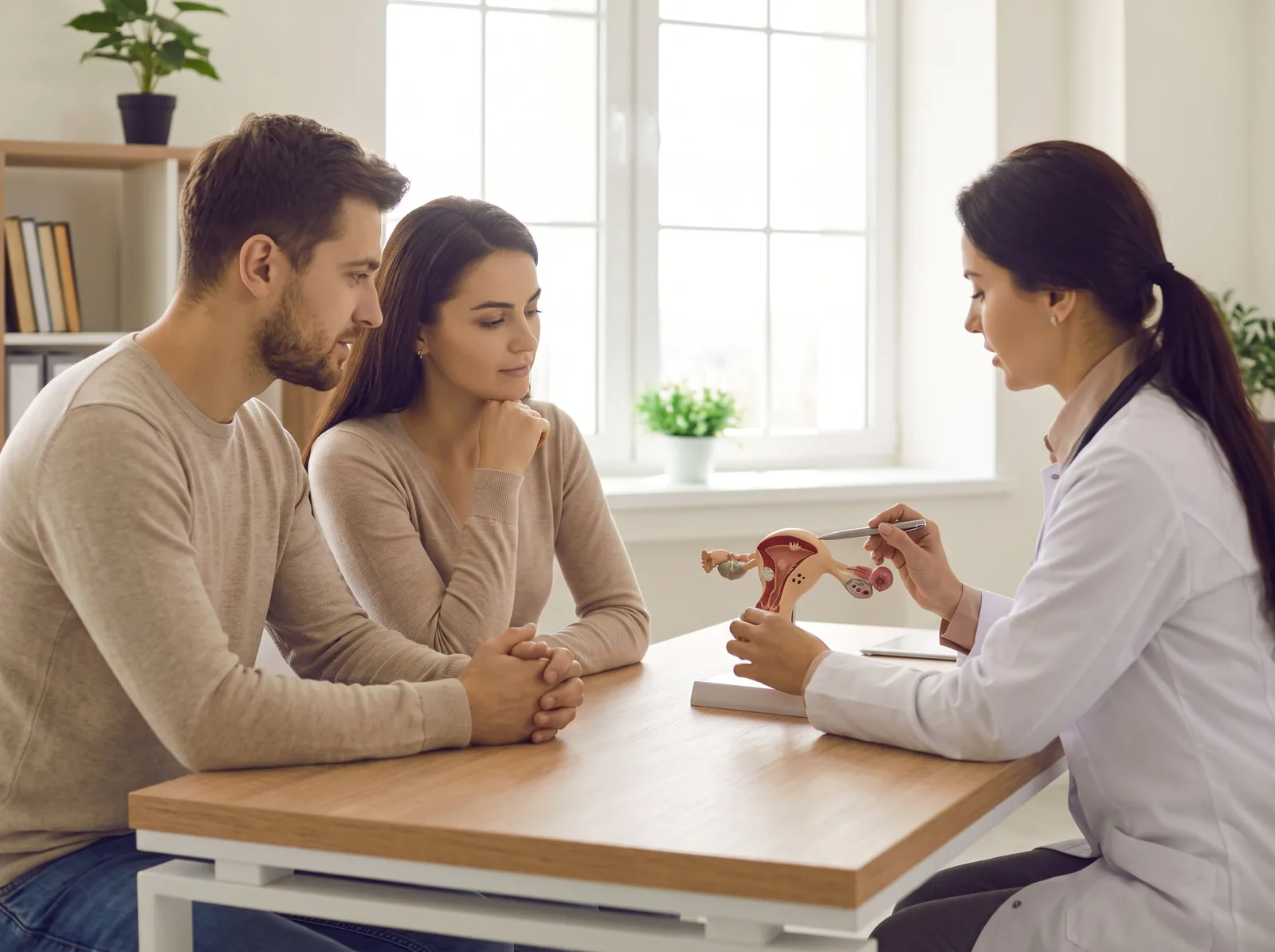 A couple listening to a physician explain a model of the reproductive organs