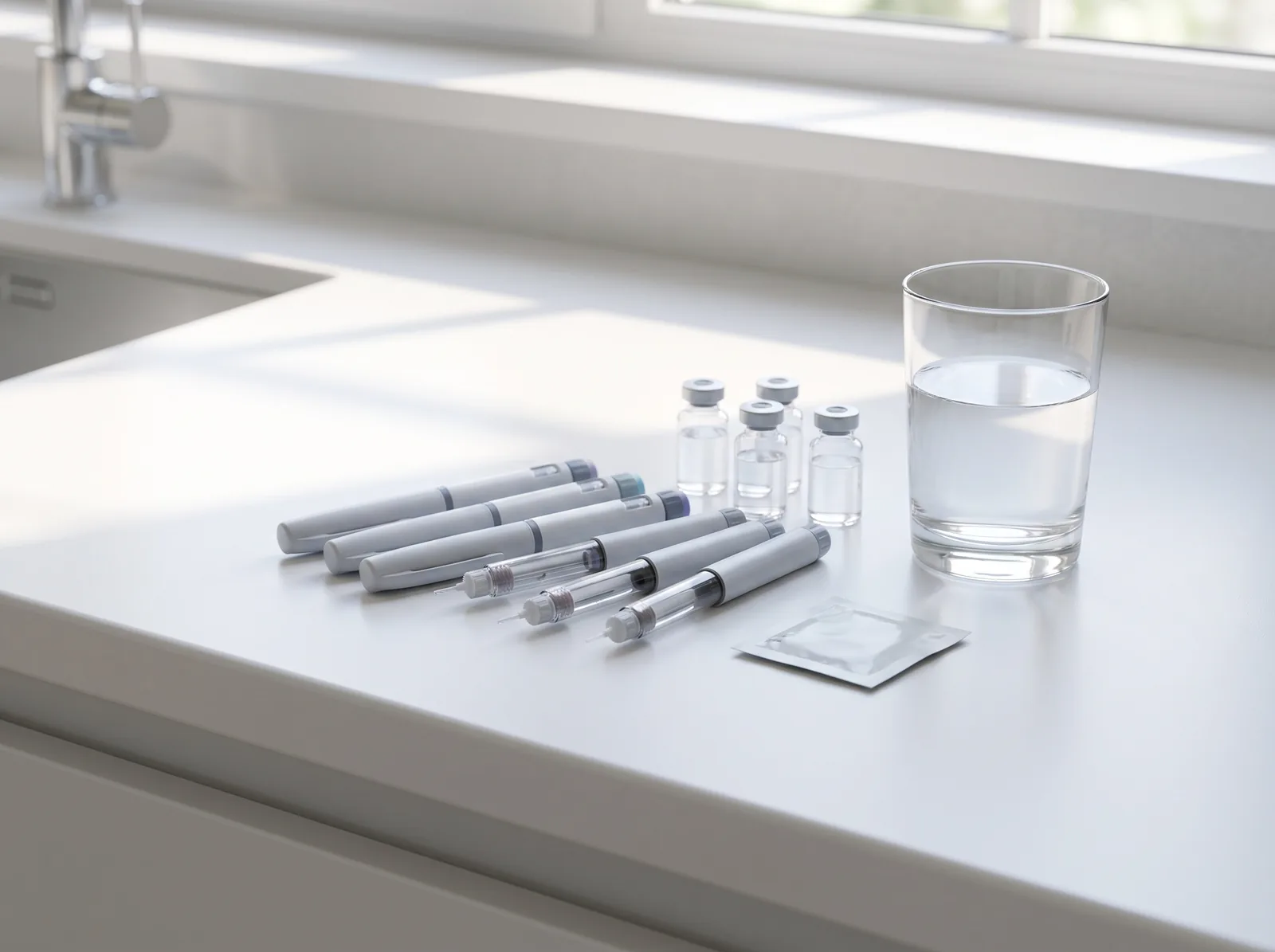 Injection pens and vials on a counter
