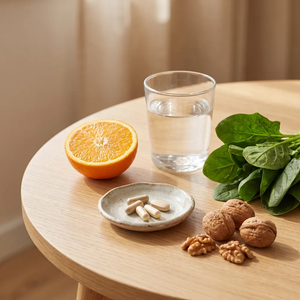 Supplements, water, fruit, nuts and spinach on a table