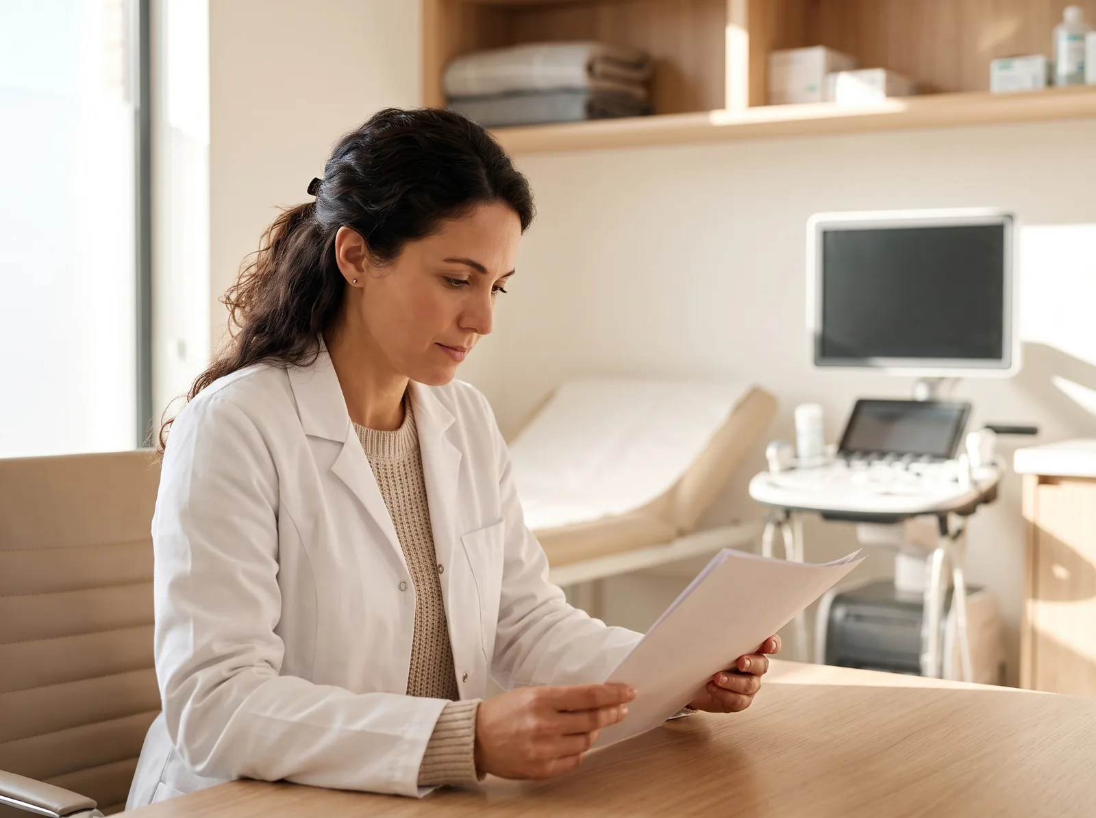 A physician reviewing test results at a desk