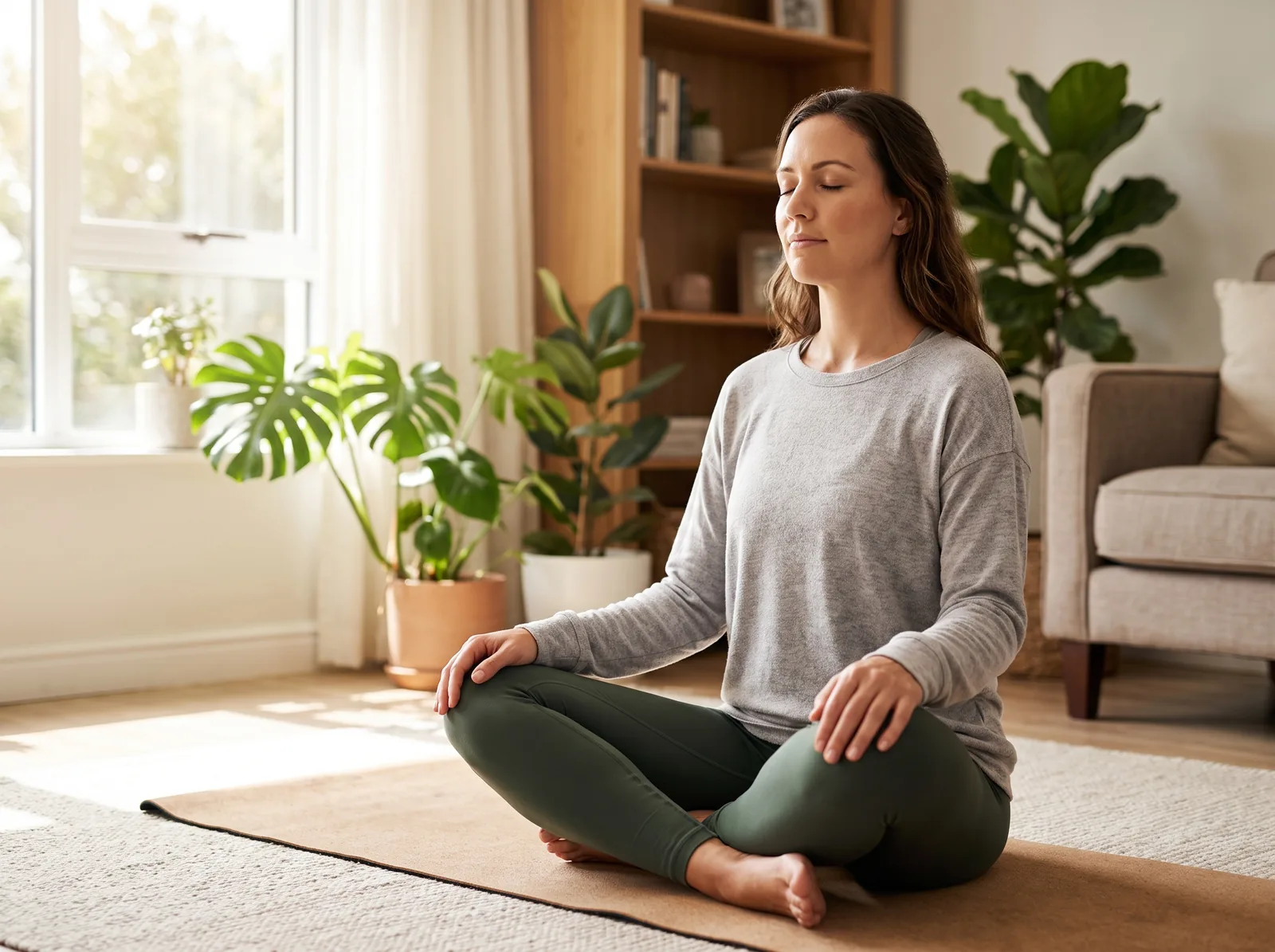 A woman sitting quietly on a mat at home