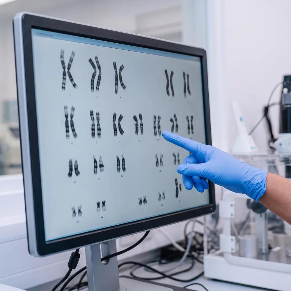A karyotype of chromosomes shown on a screen
