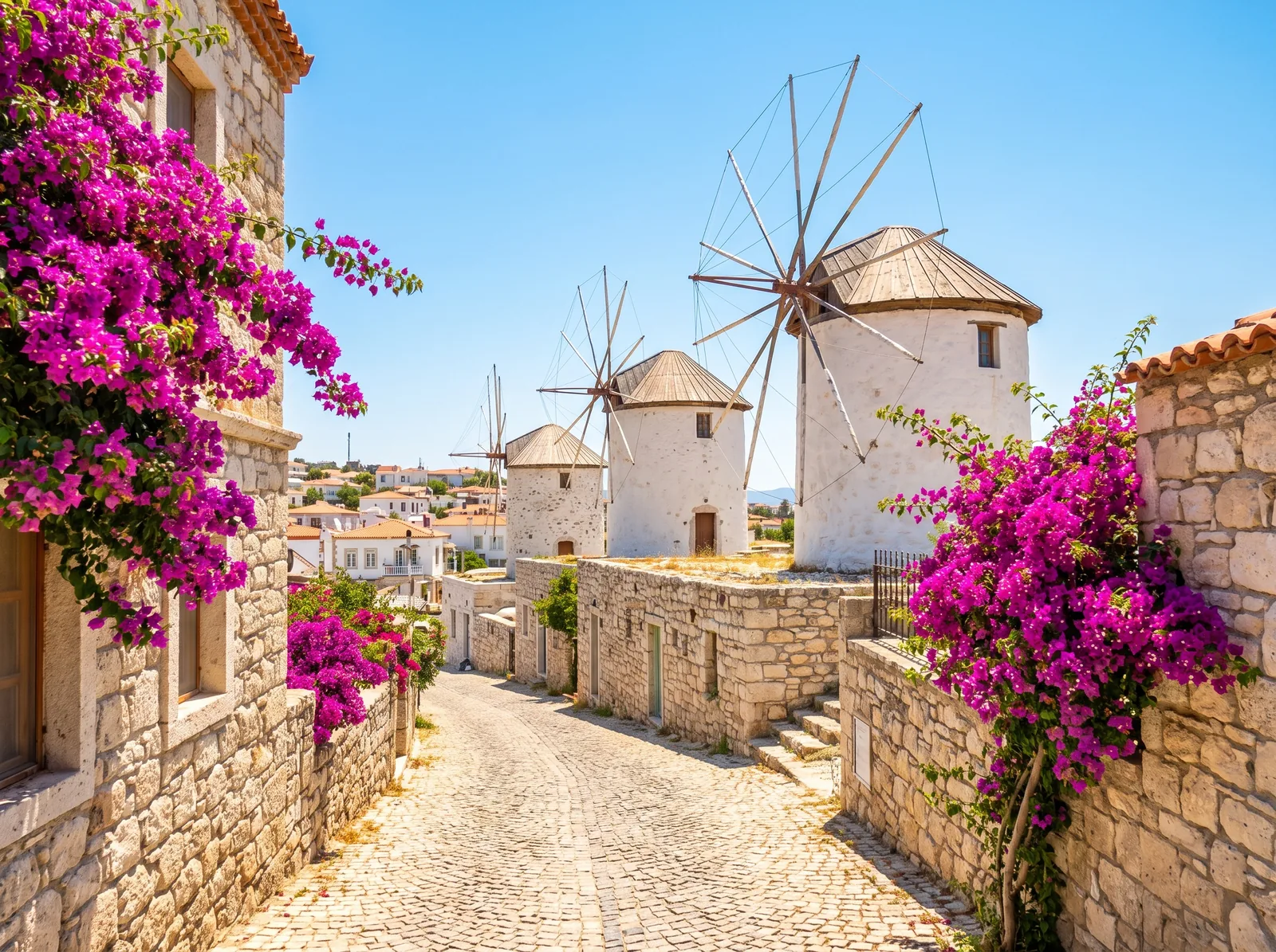 Windmills and stone houses in Alaçatı