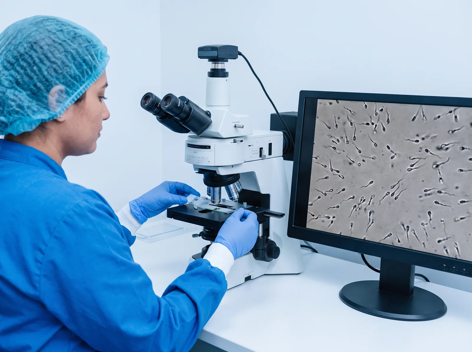 A laboratory specialist examining a semen sample under a microscope