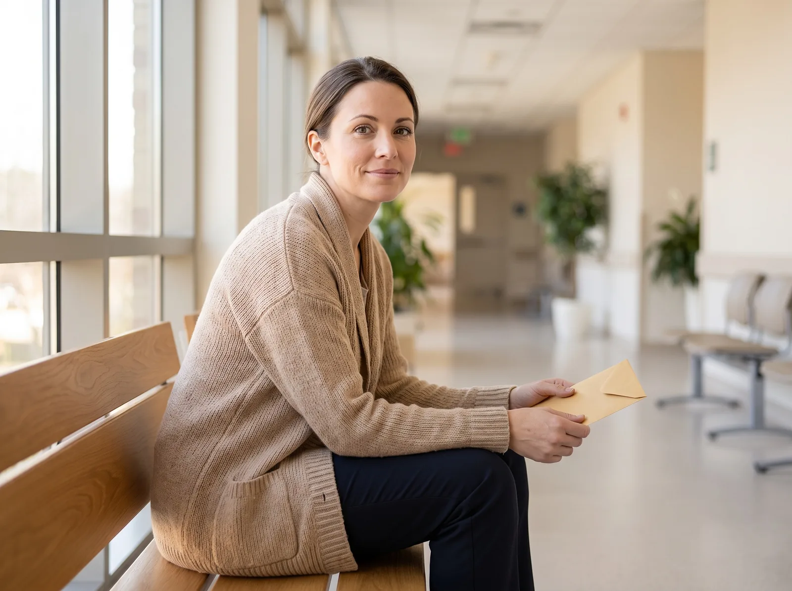 A woman waiting in a clinic corridor holding an envelope